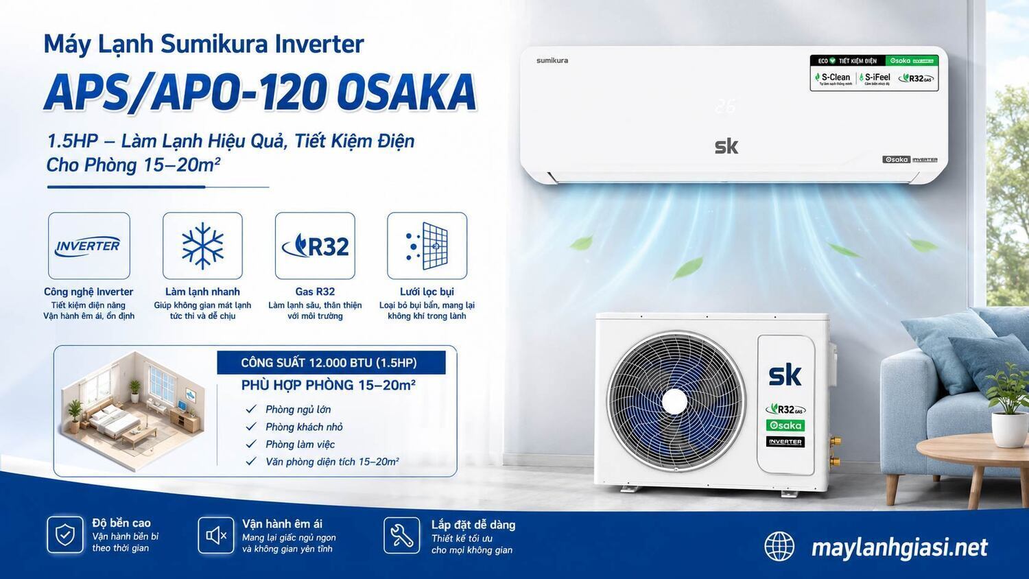 máy lạnh treo tường sumikura inverter aps/apo-120 osaka