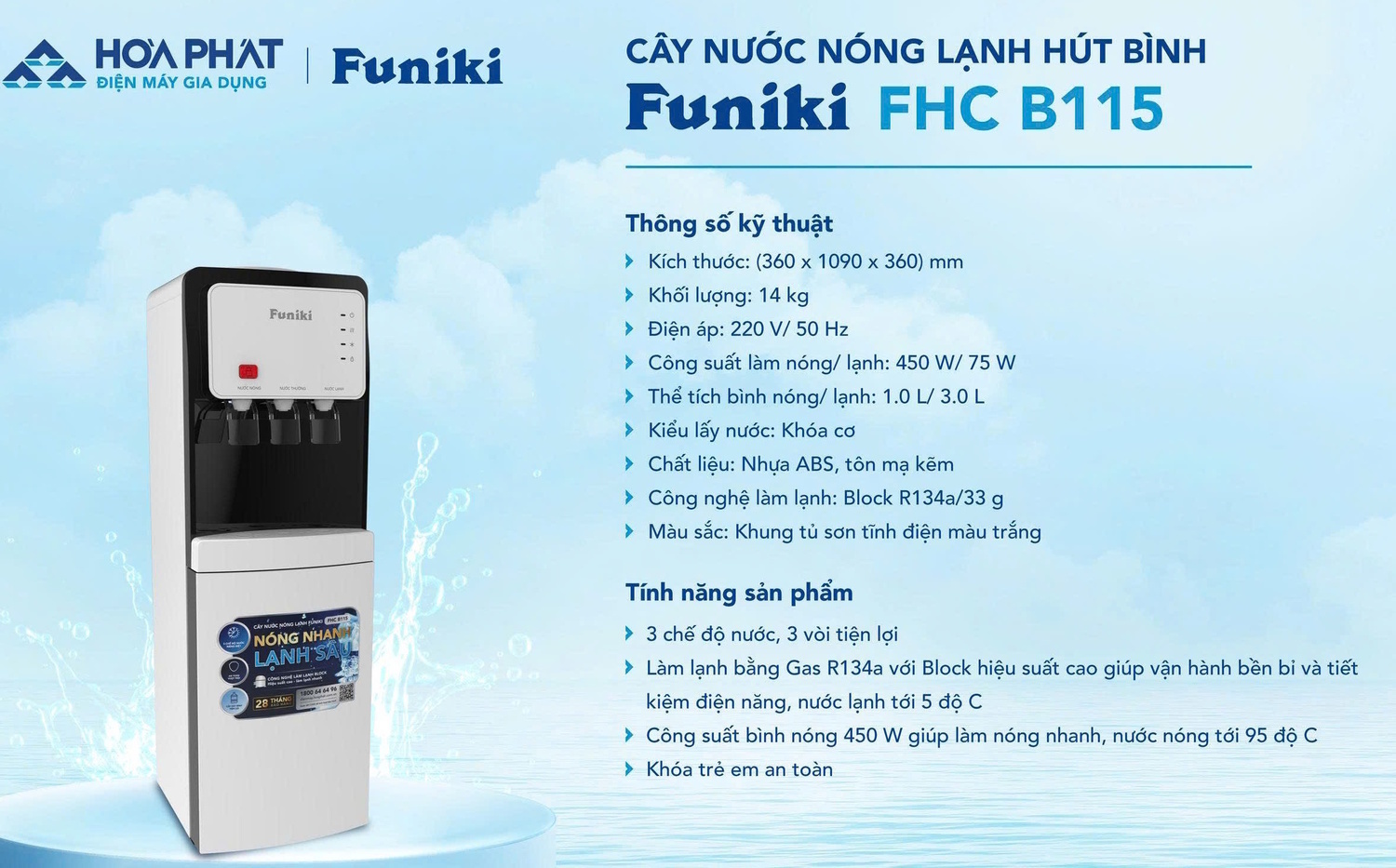 cây nước nóng lạnh hút bình funiki fhc b115