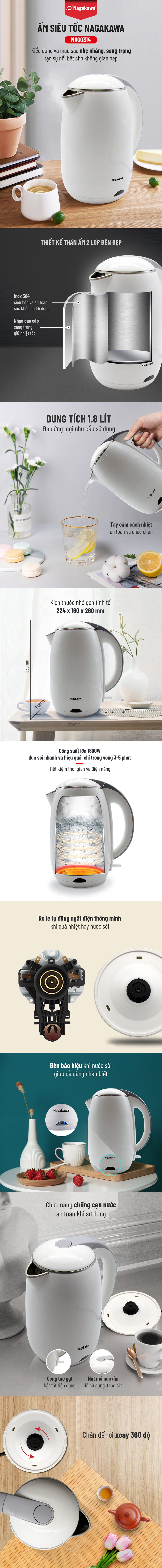 ấm siêu tốc 2 lớp 1,8l nagakawa nag0314 - hàng chính hãng