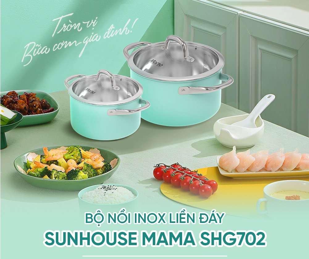 bộ nồi inox liền đáy mama sunhouse shg702