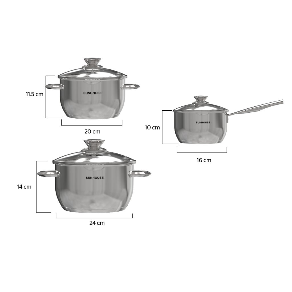 kích thước ba món trong bộ nồi inox sunhouse shg688