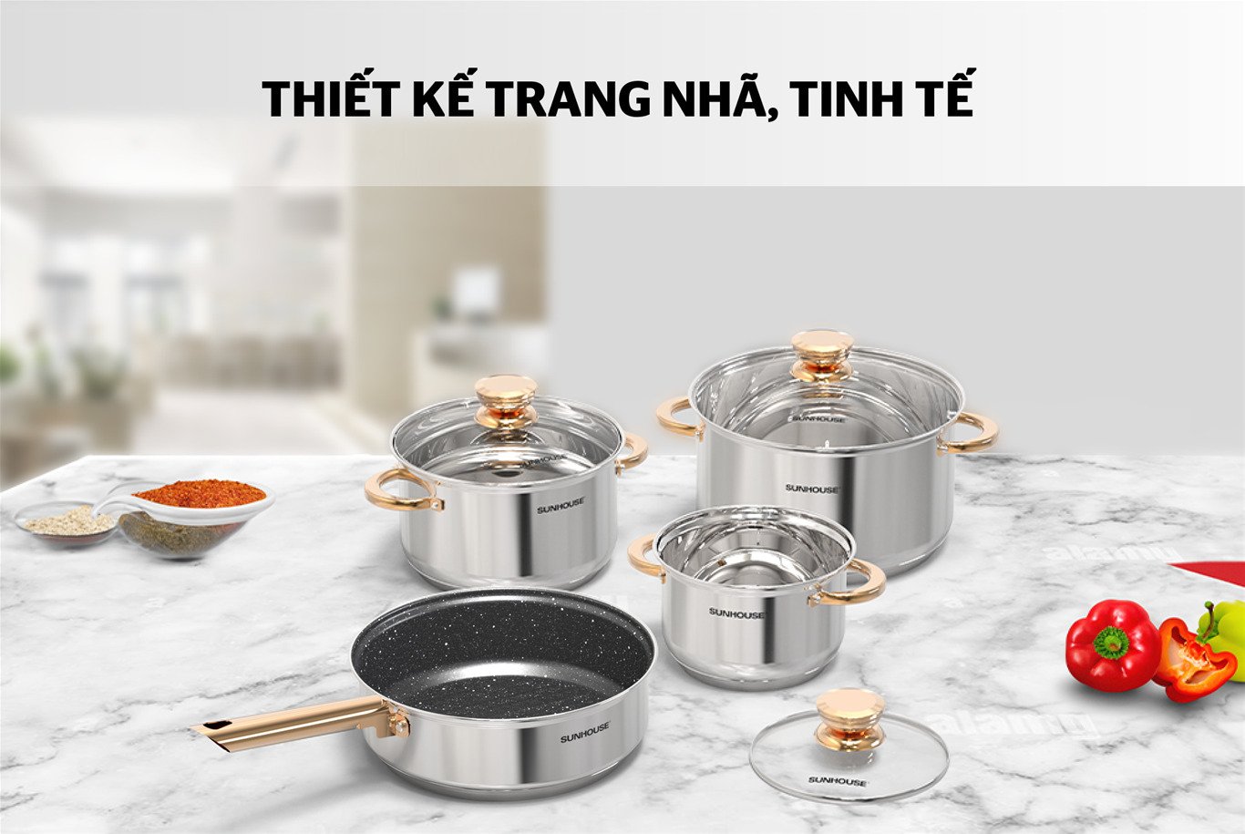 bộ nồi chảo inox 5 đáy sunhouse shg789