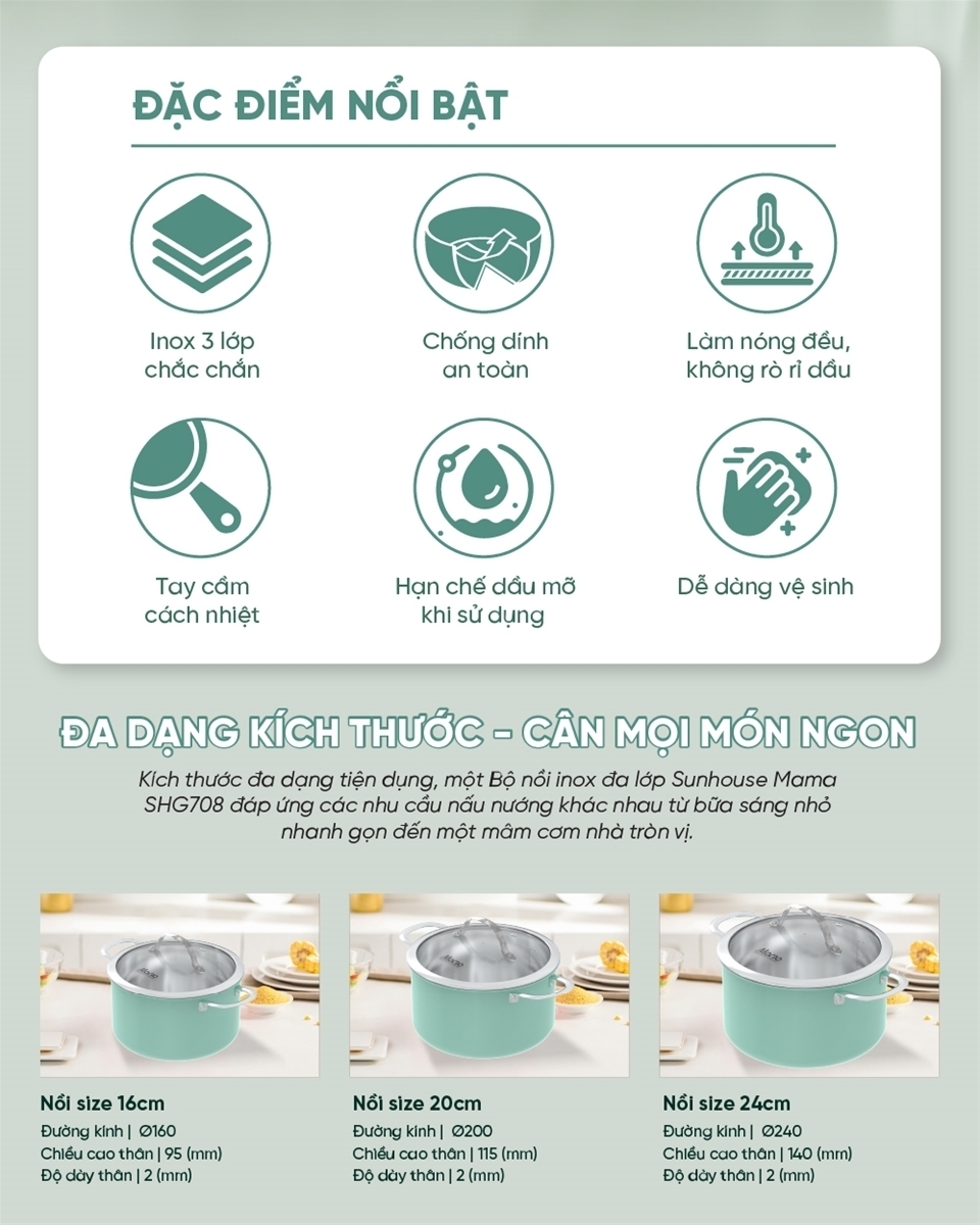 bộ nồi inox đa lớp mama sunhouse shg708