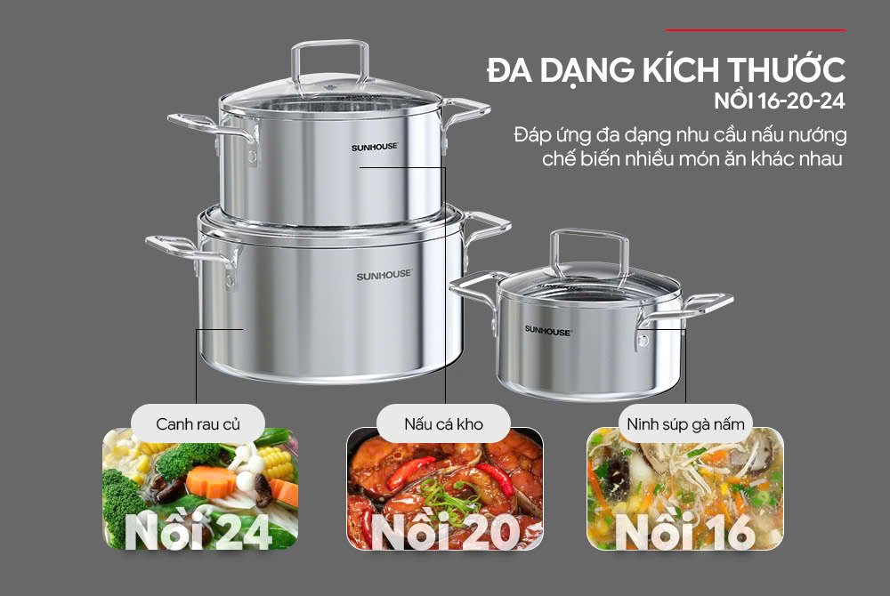 bộ nồi inox 304 liền đáy healthy sunhouse shg705