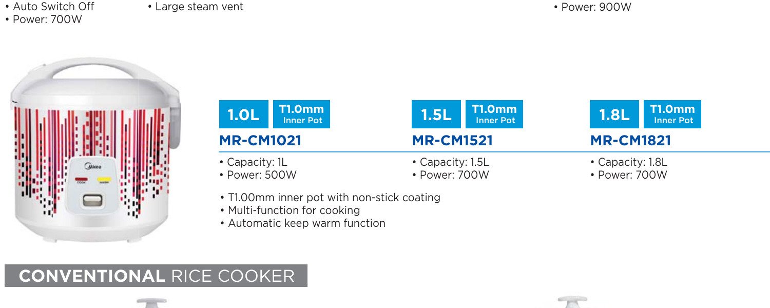 dòng nồi cơm midea mr-cm1821 dung tích 1,8 lít trong catalogue hãng