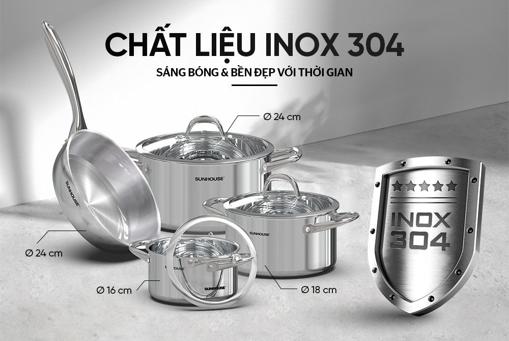 bộ nồi chảo inox 304 đáy liền sunhouse shg808