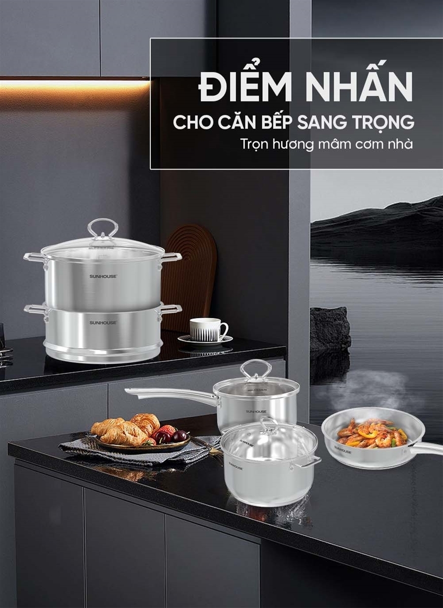 bộ nồi chảo inox impact plus healthy sunhouse shg991