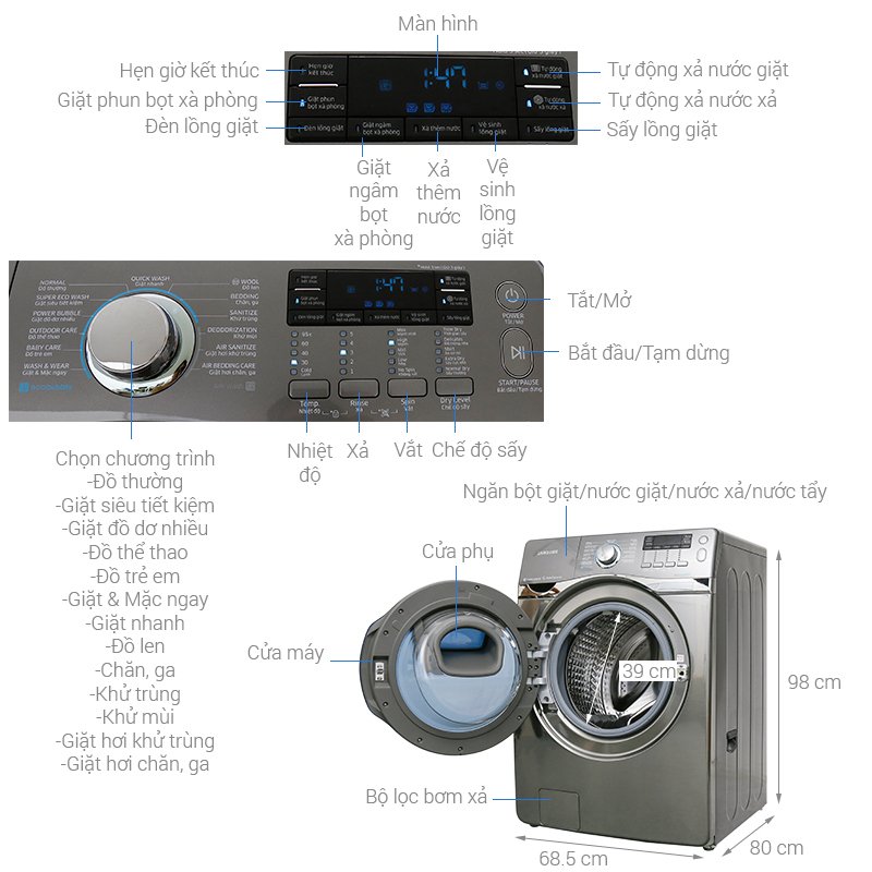 máy giặt samsung add wash inverter 17 kg wd17j7825kp/sv