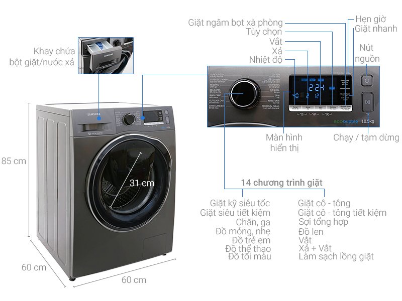 máy giặt samsung inverter 10.5 kg ww10k6410qx/sv