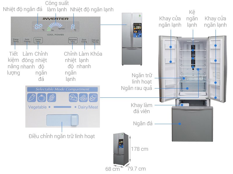 tủ lạnh hitachi 382 lít r-wb475pgv2 gs