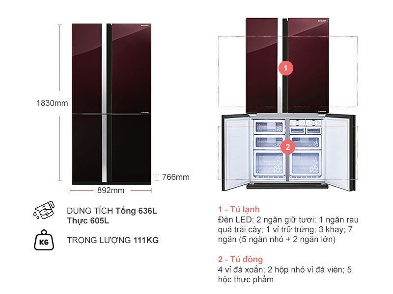 tủ lạnh sharp inverter 678 lít sj-fx688vg-rd