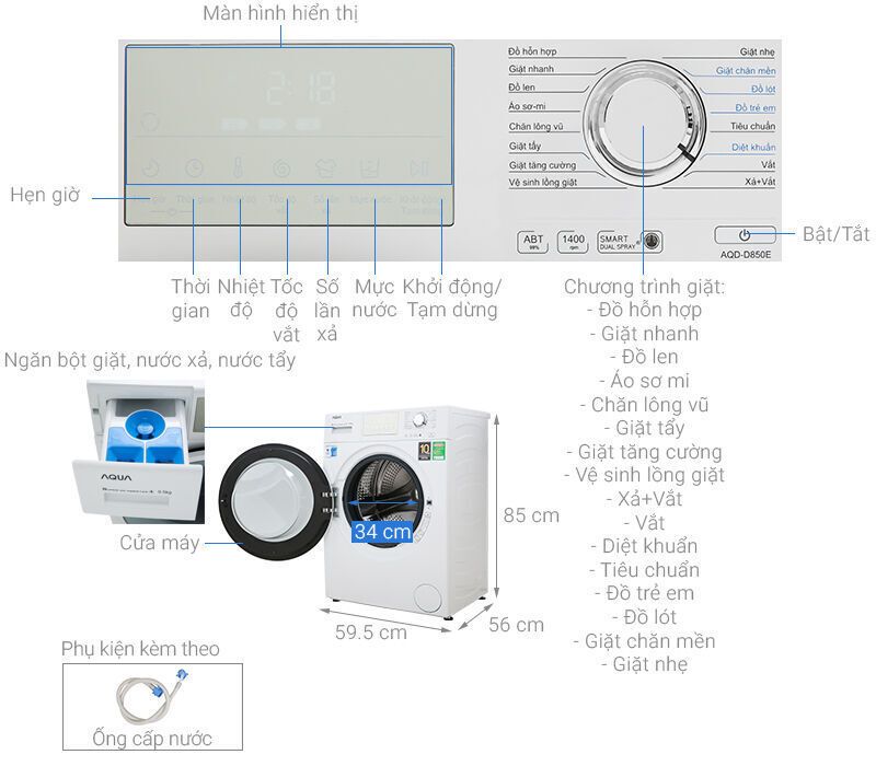 máy giặt aqua inverter 8.5 kg aqd-d850e w