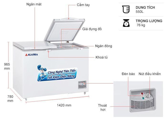 tủ đông alaska hb-550c 550l 1 ngăn đông dàn đồng