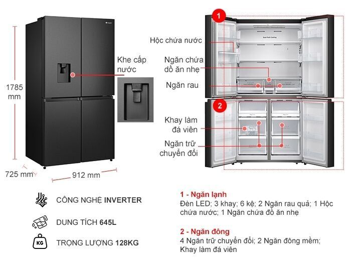 tủ lạnh 4 cửa casper inverter 645 lít rm-680vbw