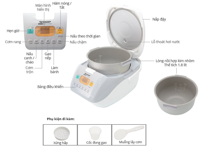 nồi cơm điện sharp 1.8lít ks-com180ev-gy