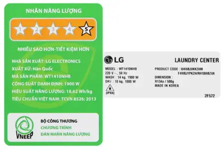 Máy giặt sấy LG Inverter 14 kg WT1410NHB