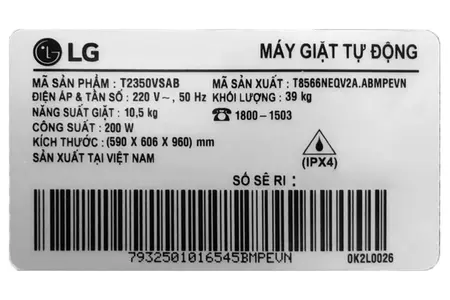 Máy giặt LG Inverter 10.5 kg T2350VSAB