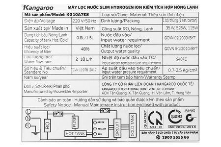 Máy lọc nước RO nóng nguội lạnh Hydrogen Kangaroo KG10A7ES 5 lõi