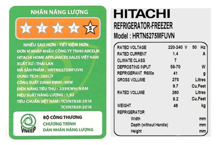 Tủ lạnh Hitachi Inverter 260 lít HRTN5275MFUVN