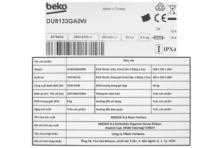 Máy sấy ngưng tụ Beko 8 kg DU8133GA0W
