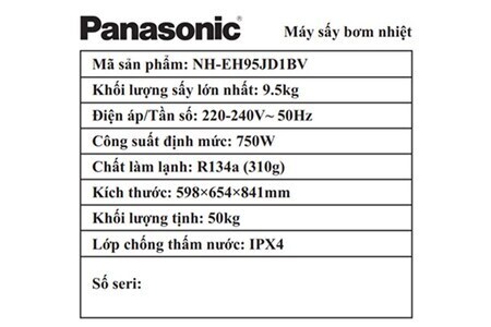 Máy sấy bơm nhiệt Panasonic 9.5 kg NH-EH95JD1BV