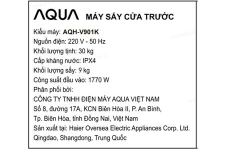 Máy sấy thông hơi Aqua 9 kg AQH-V901K PS