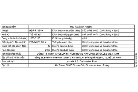 Máy rửa chén độc lập Hitachi HDF-F146VX