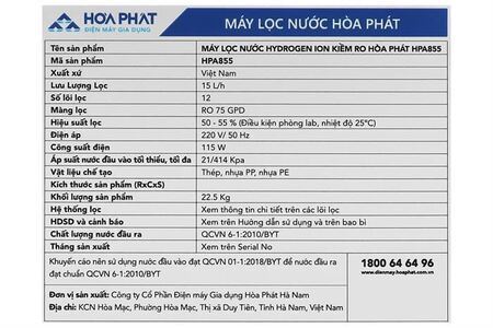 Máy lọc nước RO Hydrogen ion kiềm Hòa Phát HPA855 12 lõi