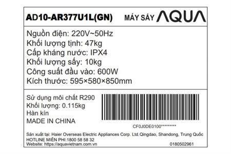 Máy sấy bơm nhiệt Aqua 10 kg AD10-AR377U1L GN