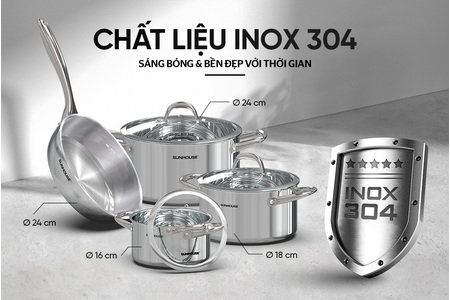 Bộ nồi chảo inox 304 đáy liền SUNHOUSE SHG808