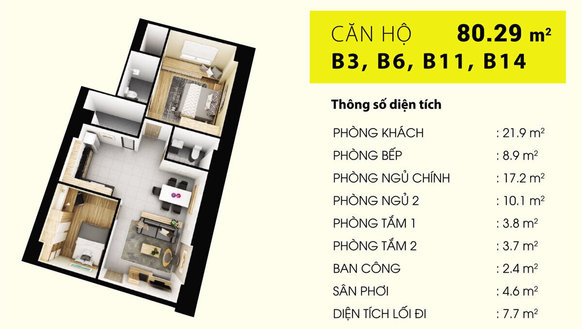Mẫu căn hộ B3, B6, B11, B14: 2PN + 2WC (80,29 m2)