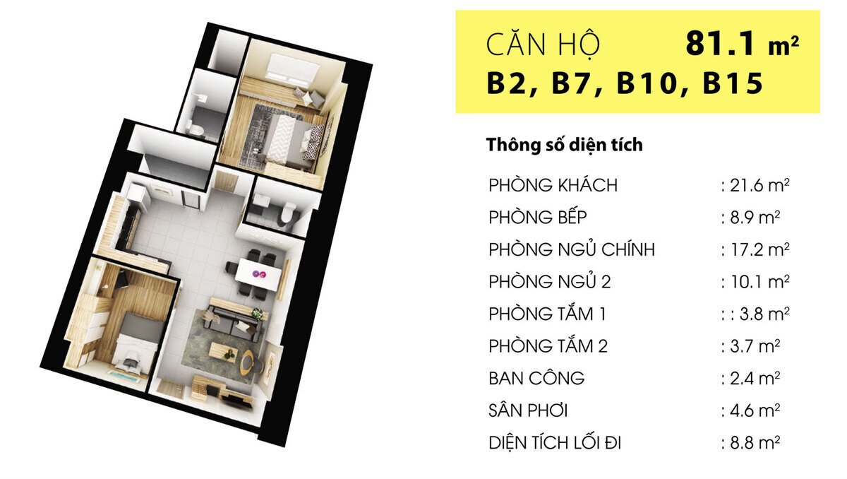 Mẫu căn hộ B2, B7, B10, B15: 2PN + 2WC (81,1 m2)