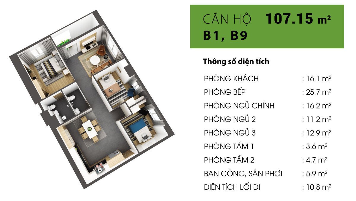 Mẫu căn hộ B1, B9: 3PN + 2WC (107,15 m2)