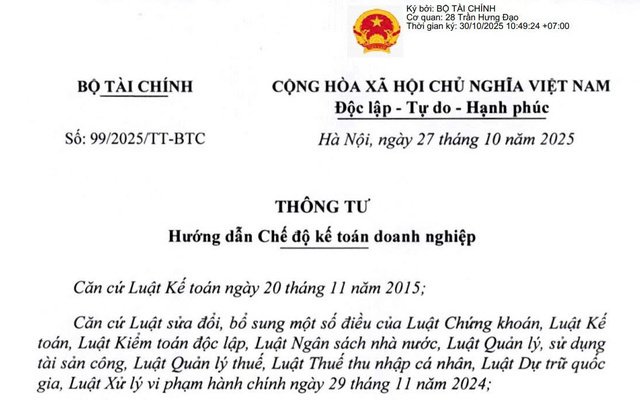 Thông tư số 99-TT-BTC ngày 27-10-2025 về hướng dẫn chế kế toán doanh nghiệp