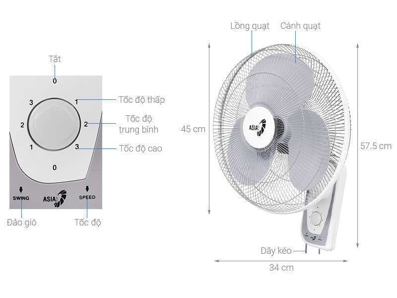 quạt treo asia vy357190 sải cánh 40, 2 dây kéo
