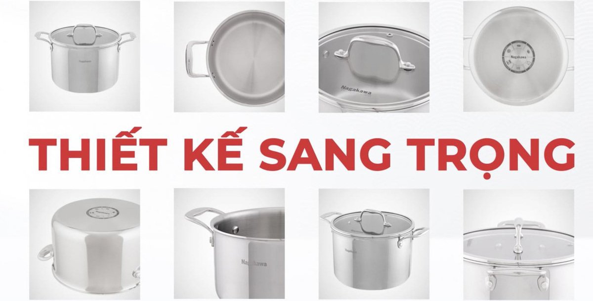 bộ 3 nồi inox 5 lớp toàn phần nagakawa haru nag1355 (16cm, 20cm, 24cm) - dùng trên mọi loại bếp