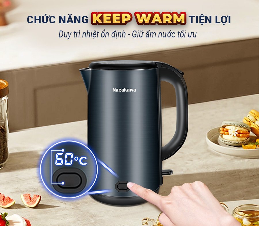 ấm siêu tốc 2 lớp inox 304 nagakawa nag0319 (1.8 lít - 1800w)
