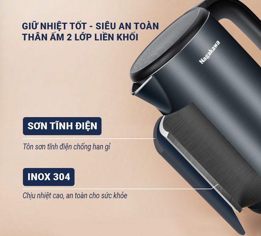 ấm siêu tốc 2 lớp inox 304 nagakawa nag0319 (1.8 lít - 1800w)