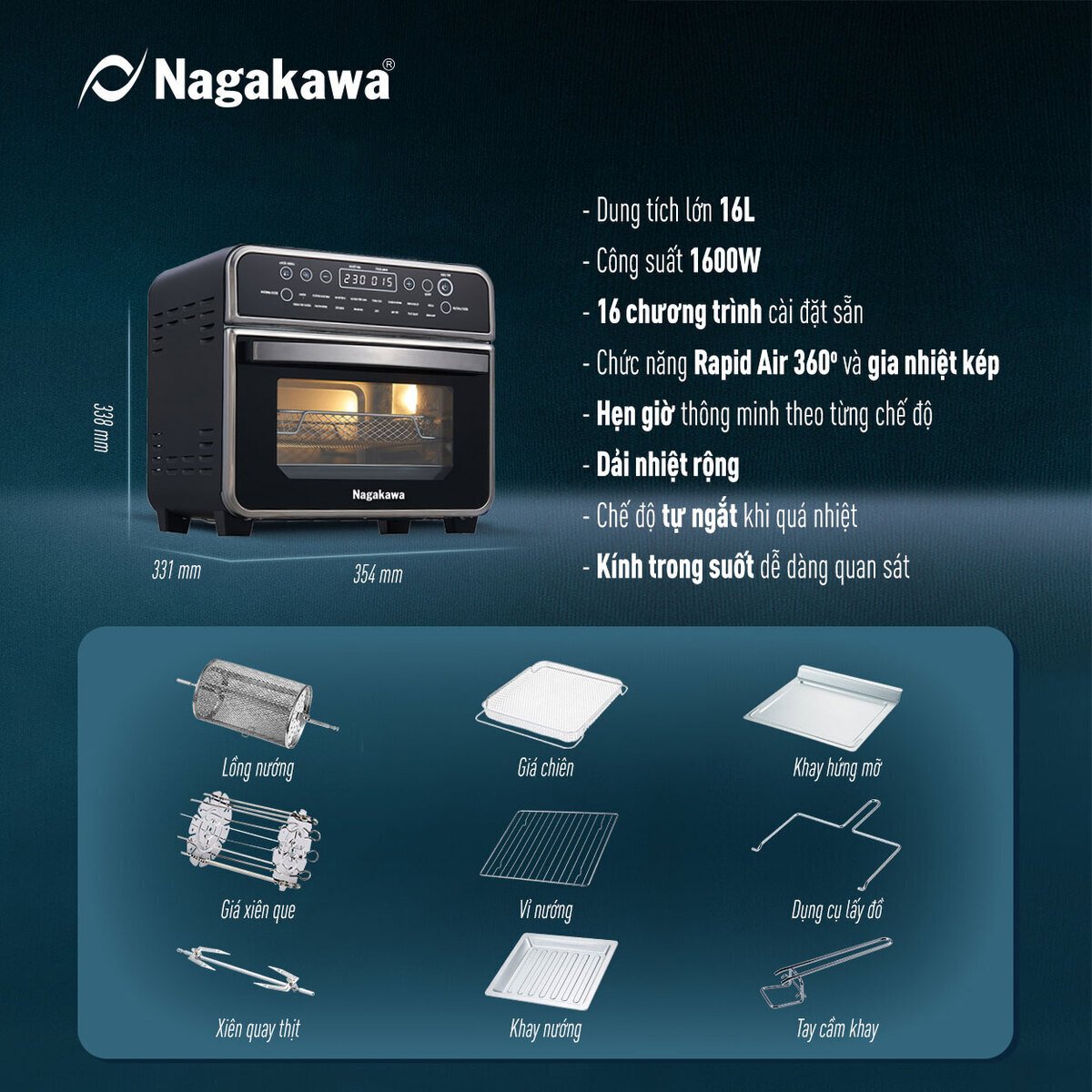 nồi chiên không dầu nagakawa nag3308 - 16 lít