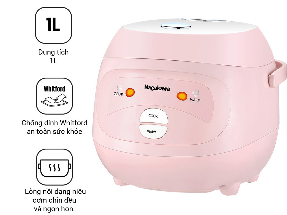 nồi cơm điện mini nagakawa nag0134 (400w - 1 lít) - 2 chế độ nấu - màu sắc: hồng trắng
