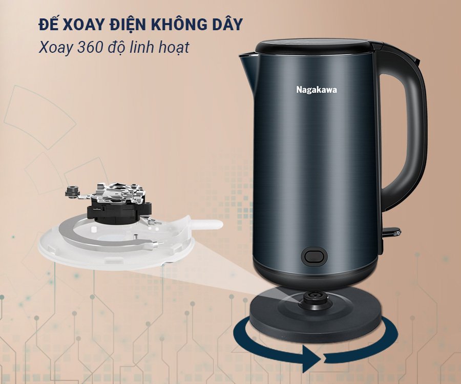 ấm siêu tốc 2 lớp inox 304 nagakawa nag0319 (1.8 lít - 1800w)