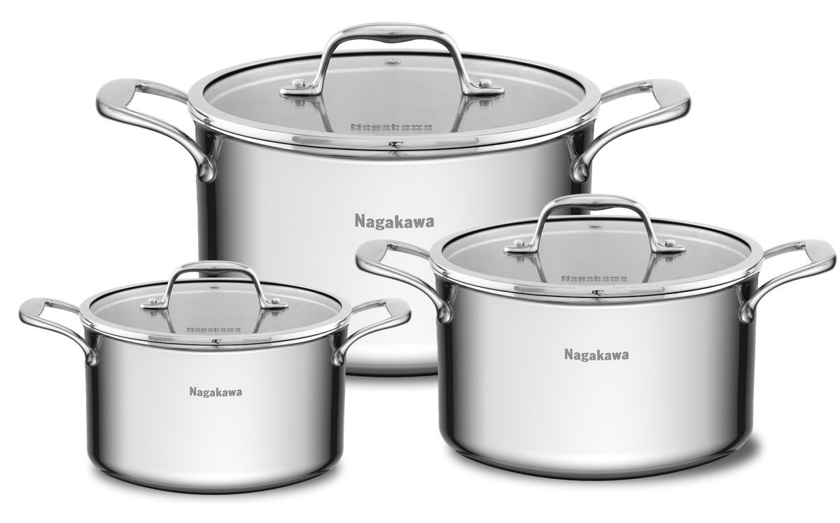 bộ 3 nồi inox 5 lớp toàn phần nagakawa haru nag1355 (16cm, 20cm, 24cm) - dùng trên mọi loại bếp