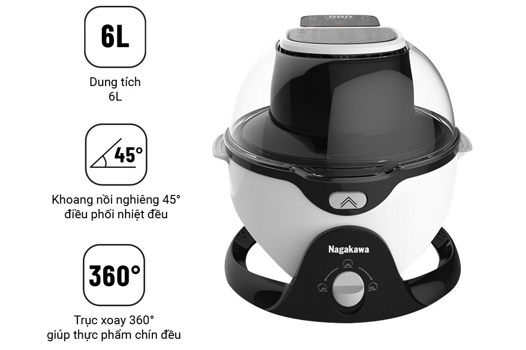 nồi chiên không dầu 6 lít xoay 360 độ nagakawa nag3301