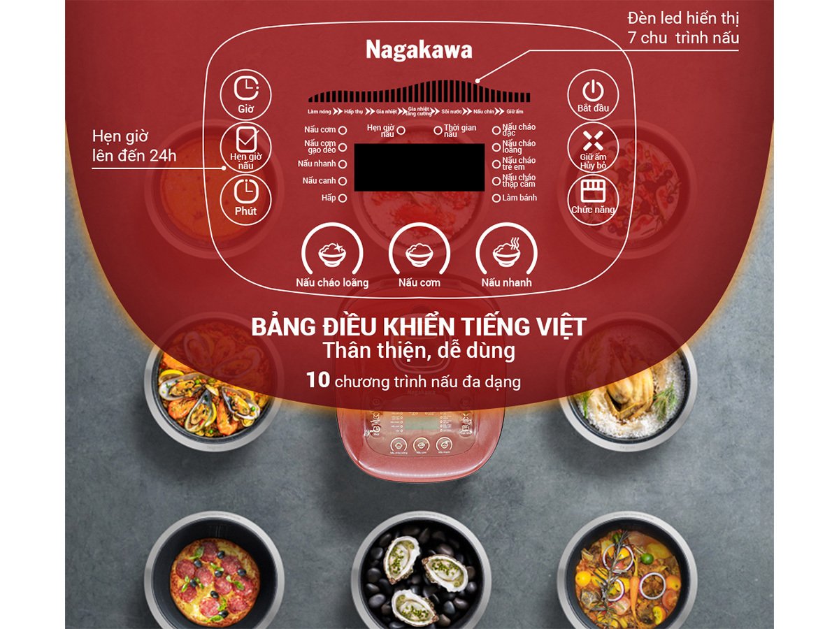 nồi cơm điện tử lòng niêu nagakawa nag0135 (1.8l - 900w) - tích hợp 10 chương trình nấu