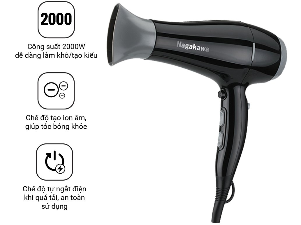 máy sấy tóc tạo ion âm nagakawa nag1606 (2000w) - màu sắc: đen