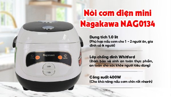 nồi cơm điện mini nagakawa nag0134 (400w - 1 lít) - 2 chế độ nấu - màu sắc: hồng trắng
