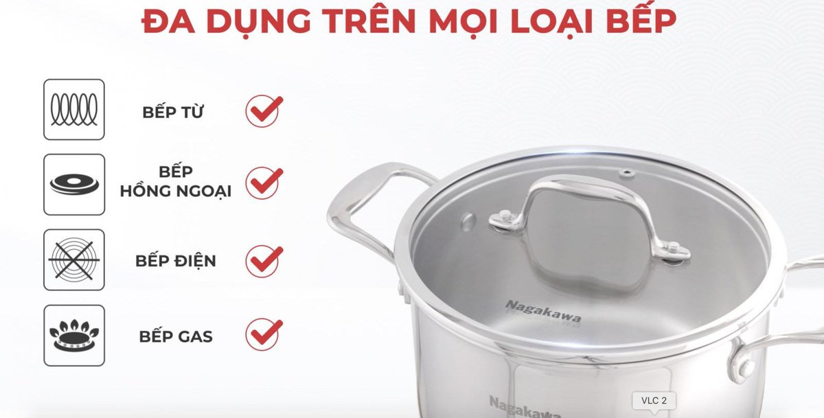 bộ 3 nồi inox 5 lớp toàn phần nagakawa haru nag1355 (16cm, 20cm, 24cm) - dùng trên mọi loại bếp