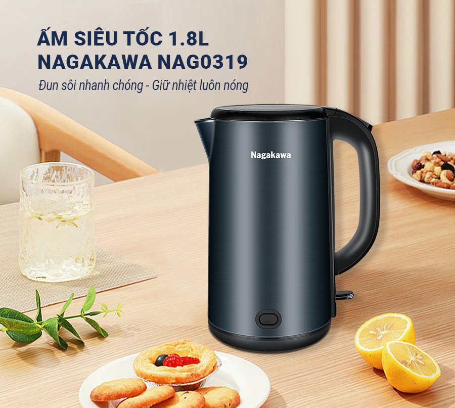 ấm siêu tốc 2 lớp inox 304 nagakawa nag0319 (1.8 lít - 1800w)
