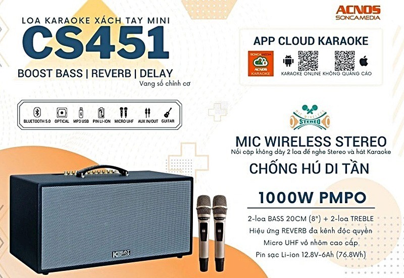 loa xách tay acnos cs451 (2 bass 20cm, 250w/1000w, kèm 2 micro)