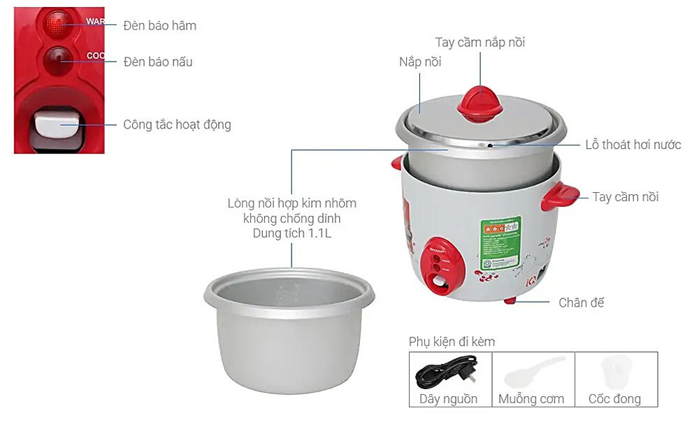 nồi cơm điện sharp 0.6 lít ksh-d06v